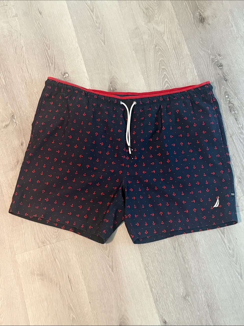 Nautica Navy Swim Trunks with Red Anchor Pattern